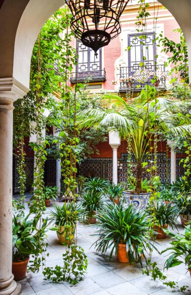 Elegant courtyard in Seville, Spain showcasing exotic plants with arches and traditional architecture.
