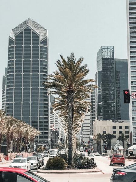 Downtown city view featuring modern skyscrapers and busy street with palm trees.