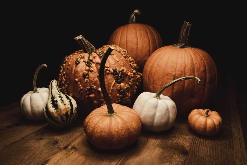 A variety of pumpkins and gourds on a wooden surface, perfect for autumn decor