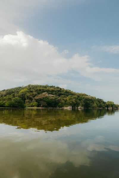Stunning view of lush green island reflected in tranquil waters, Santa Catarina, Brazil.