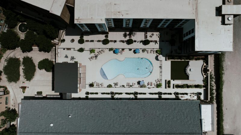 Aerial shot of a modern pool area in Chattanooga showcasing design and leisure