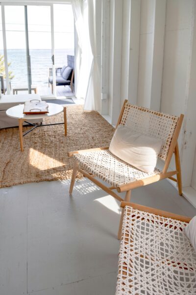 Sunlit modern beachfront interior in Maine.