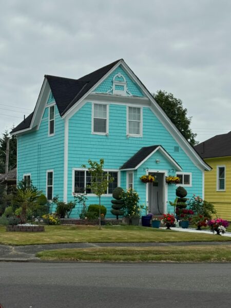 Charming turquoise house with vibrant garden