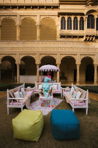Vibrant outdoor seating at Indian heritage venue