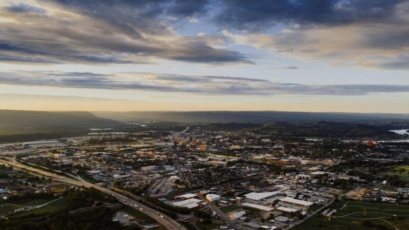 Aerial panorama of Chattanooga at dusk.