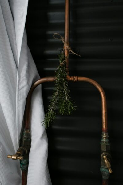 Stylish bathroom featuring rustic copper pipes and green foliage.