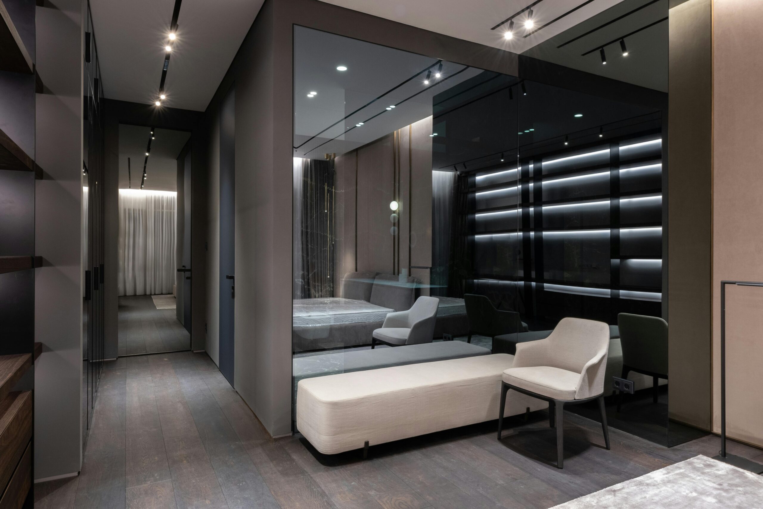 Bedroom with furniture scale, mirror placement, and circulation cues