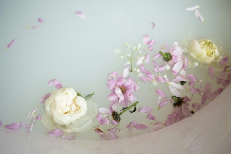 Soft pink and white flower petals float gracefully in a serene milky bath.