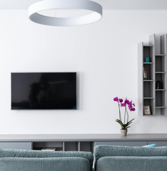 Comfortable modern living room with gray sofa and TV with shelves hanging on wall.