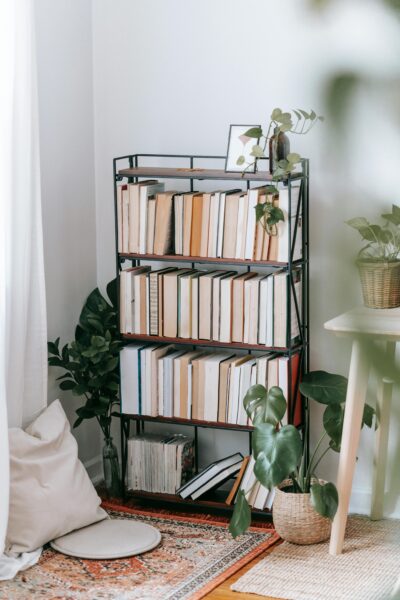 Room interior with exotic plants and textbooks in rows on bookshelves against pillow on ornamental carpet.