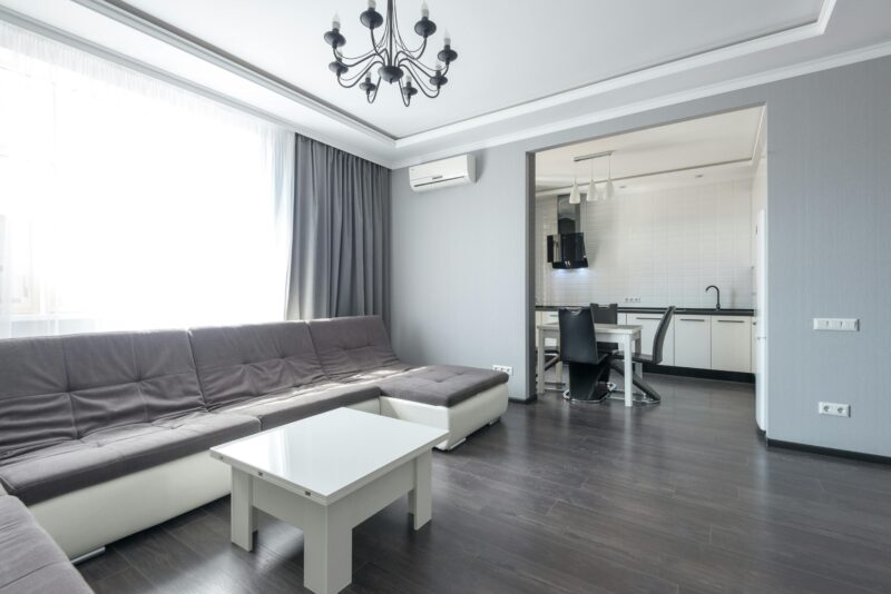 Bright and spacious modern living room with minimalist decor and open kitchen area.