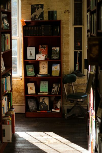 Brown wooden shelf with assorted books in a cozy book store.