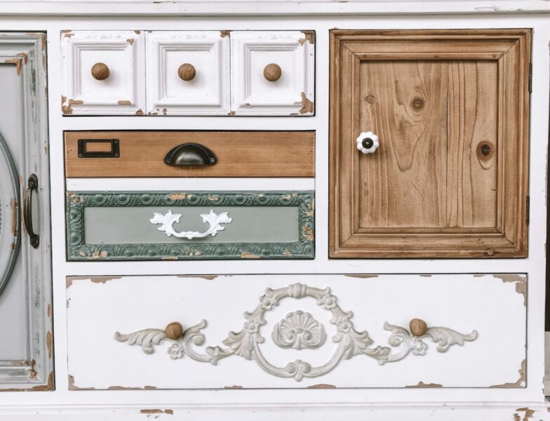 White and brown wooden cabinet.