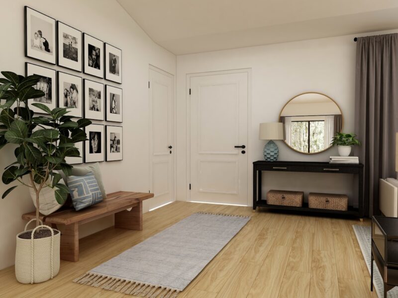 Brown wooden coffee table near white wooden door.