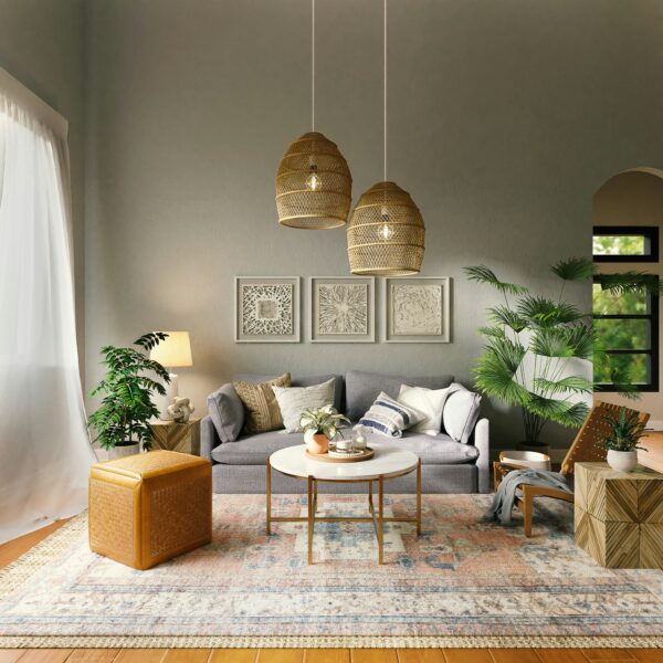 Living room with brown wooden table and chairs.