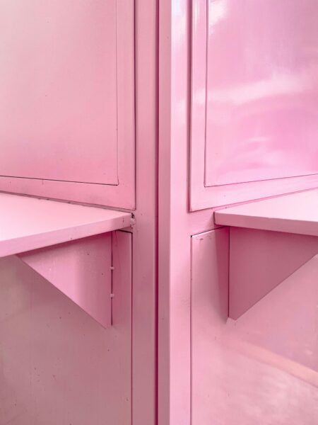 A pink room with a shelf and cupboards