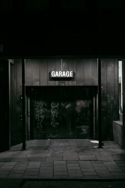A black and white photo of a garage