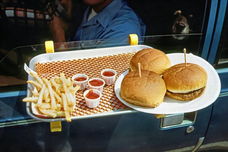 A tray with two hamburgers and french fries on it