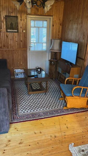 A room with a rug and a table with a TV on it.