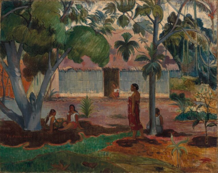 A painting of a group of people sitting under a tree.