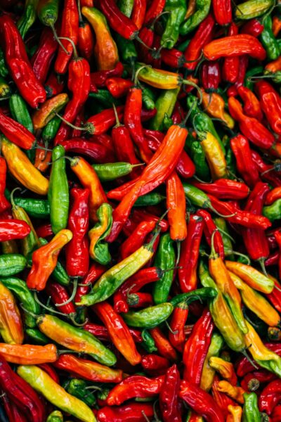 A pile of red and yellow peppers