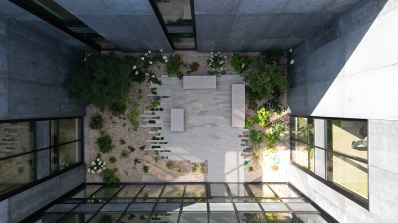 An aerial view of a small courtyard in a building.