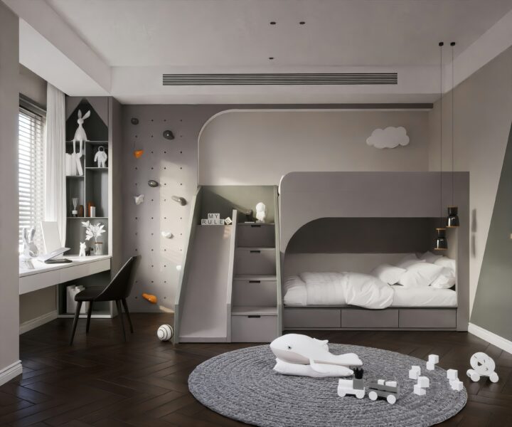 A child's bedroom with a bunk bed and toys on the floor.