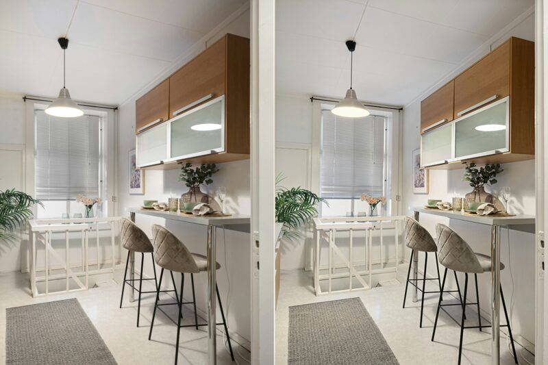 Two pictures of a kitchen and dining room