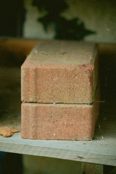 Two stacked red bricks on a shelf.