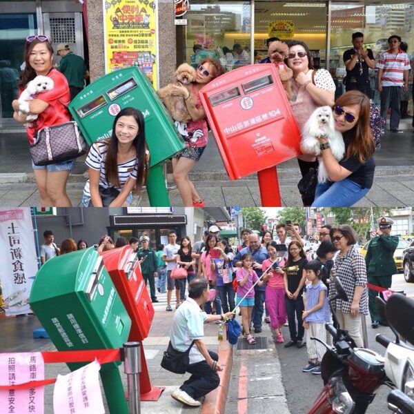台灣颱風撞歪的郵筒一夕爆紅,成為觀光拍照景點。 Typhoon hit the crooked mailbox popularity in Taiwan, people and animals to a photo.