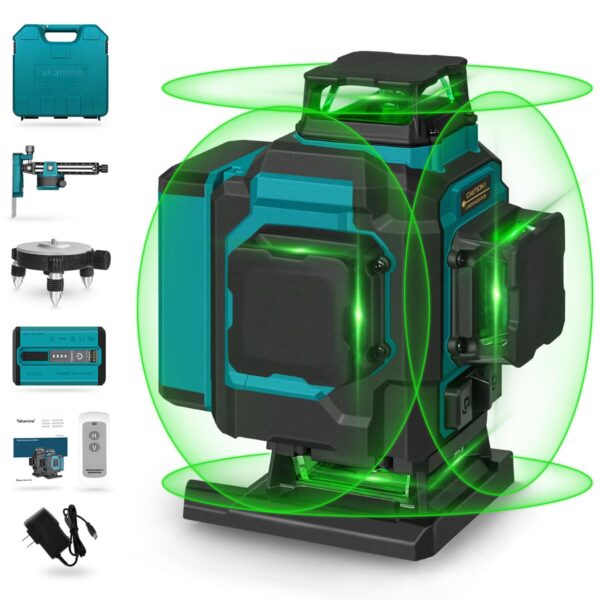Takamine 16 Lines Green Laser Level Pro, 4x360° 4D Green Cross Line Professional for Construction, Two 360° Vertical and Two 360° Horizontal Laser Level Pulse Mode and Remote Controller