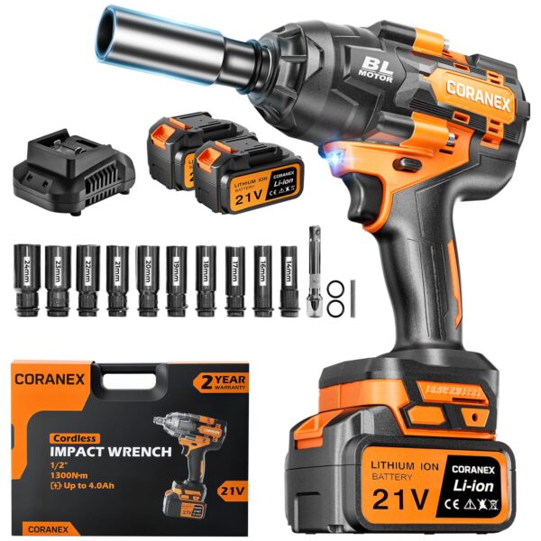 1/2" Cordless Impact Wrench | 1300N.m (960ft-lbs) | 2x4.0Ah Batteries - Longer Runtime | Fast Charger | Variable Speed Control | Brushless Motor High Torque Impact Gun for Auto Repair, Home