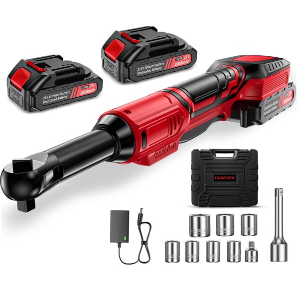 3/8 Cordless Ratchet Wrench Set, 60FT-LBS Extended Electric Ratchet with 400RPM Variable Speed, 21v Power Ratchet with 2x2.0Ah Battery, 7 Sockets, 1/4 Adaptor, 3"Extension Bar