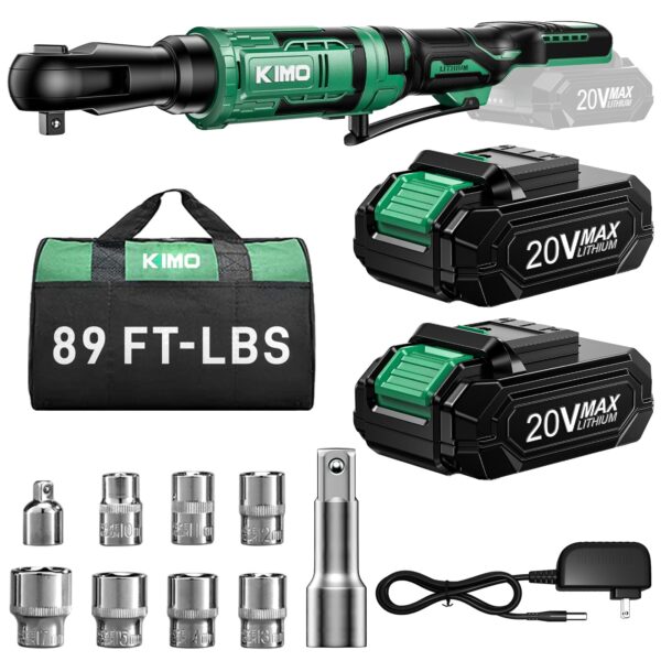 KIMO 20V Cordless Ratchet Wrench 3/8, 89Ft-lbs 400RPM Electric Ratchet Wrench Set with Variable Speed, 2x2.0Ah Battery Ratchet, LED Light, 7Socket, 3/8" to 1/4" Adapter, 3" Extension Bar, Fast Charger