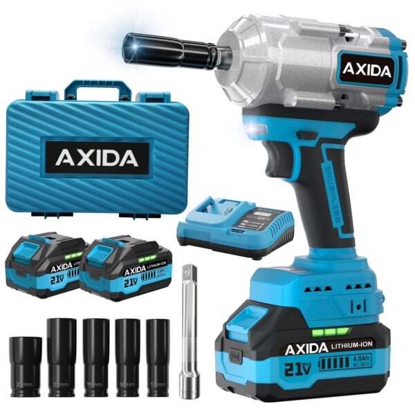 1500NM Cordless Impact Wrench with 2 x 4.0Ah Batteries, 1/2 Inch Brushless High Torque Impact Gun, 21V Impact Driver, Variable Speeds for Car/Truck RV/Mower