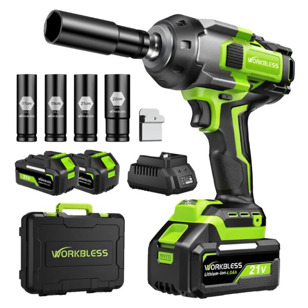 Cordless Impact Wrench 1/2 Inch: Max 1500Nm (1100Ft-lbs) 1/2 Impact Gun - 20V 4Ah Battery, 3-Speed, 4 Sockets, LED Light, Variable Speed Impact Driver for Car Tire, Mower Lug Nut