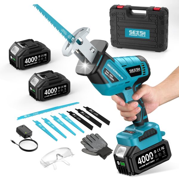 SEESII Reciprocating Saw Cordless, Variable Speed 3500 RPM Brushless Motor with 8 Saw Blades, 2 x 4.0Ah Batteries, LED Light, Tool‑Free Blade Change, Portable for Wood PVC Cutting