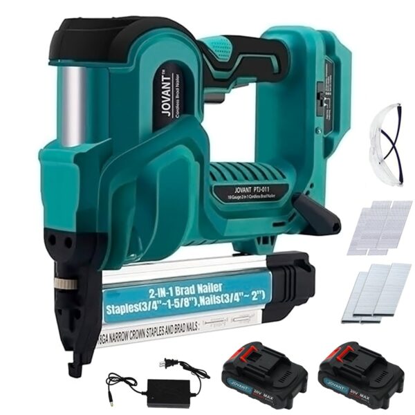 Brad Nailer Electric, 18 Gauge Brad Nail Gun, 2-in-1 Brad Nailer with 800pcs Nails&Staples, Nail Gun with 2×2.0Ah Batteries, for Woodworking, Home Improvement JOVANT