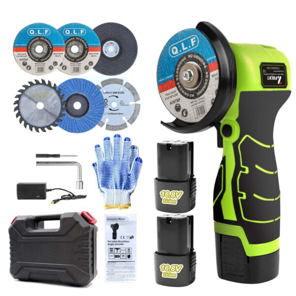 Cordless Brush Angle Grinder Kit, 19500rpm Mini Electric Angle Grinding Tool with 2pcs 16.8V 2000mAh Batteries and 5-Cutting Discs, Grinder Handheld Cutter for Metal Wood