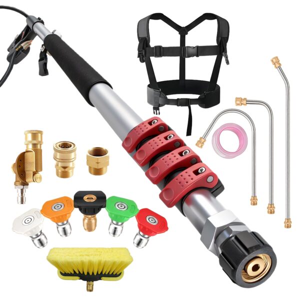 Gutter Cleaning Tools 24 FT Telescoping Pressure Washer 3 Extension Wands, Gutter Cleaner Attachment, Brush Head, 5 Spray Nozzle Tips, 3 Hose Adapters and Adjustable Support Belt