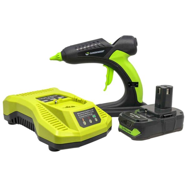Surebonder 60 Watt Ryobi Type 18 Volt Battery Powered Cordless Professional Heavy Duty Full Size Hot Glue Gun with Battery and Charger Included