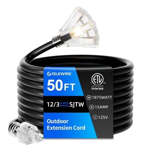 50 FT Outdoor Extension Cord with Multiple Outlets, 12 Gauge Heavy Duty Black Extension Cord Waterproof with 3 Outlet, 3 Prong Power Cord for Garden and Home Use Indicator Light, ETL Listed