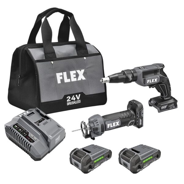 FLEX 24V Brushless Cordless 2-Tool Combo Kit: Drywall Screw Gun and Cut Out Tool with (2) 2.5Ah Lithium Battery and 160W Fast Charger - FXM203-2AA