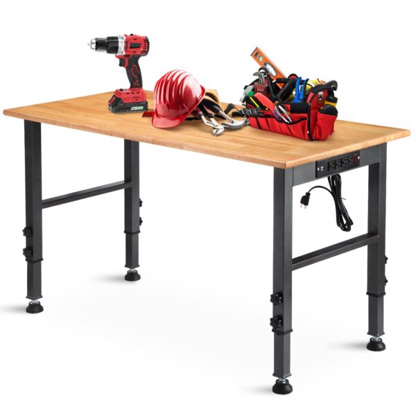 48 "Adjustable Workbench with Power Outlet, Heavy Duty 2000 LBS Load Capacity Hardwood Workbench Suitable for Workshop, Office, Garage, Home