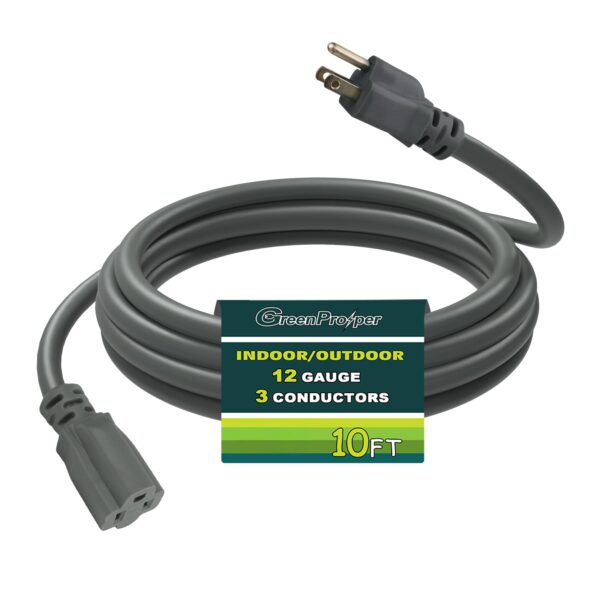 10 FT 12 Gauge Extension Cord Outdoor, Heavy Duty Weatherproof & Flame Retardant Grey 3 Prong Power Cord, Outside for Garden & Lawn, 15 Amps 1875 Watts 125 VAC 12AWG SJTW, UL Listed