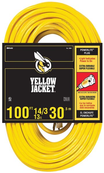 Southwire Yellow Jacket Heavy Duty Extension Cord - Outdoor Power for Tools & Equipment - Lighted End with SJTW Jacket & Three Prong Plug - 100 Foot