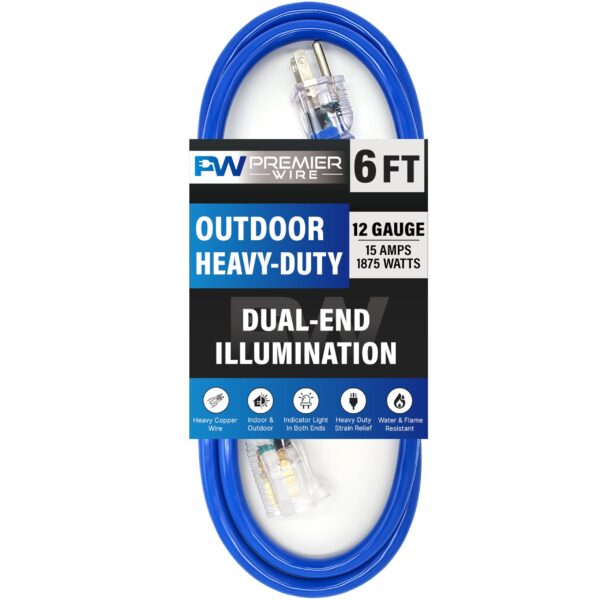 6 ft - 12 Gauge Heavy Duty Extension Cord - Lighted on Both Ends - SJTW Blue - Outdoor Extension_Cord Waterproof 6 ft by Premier Wire - 15 Amp ExtensionCord (6 Foot 12-Awg Power Cord Blue)