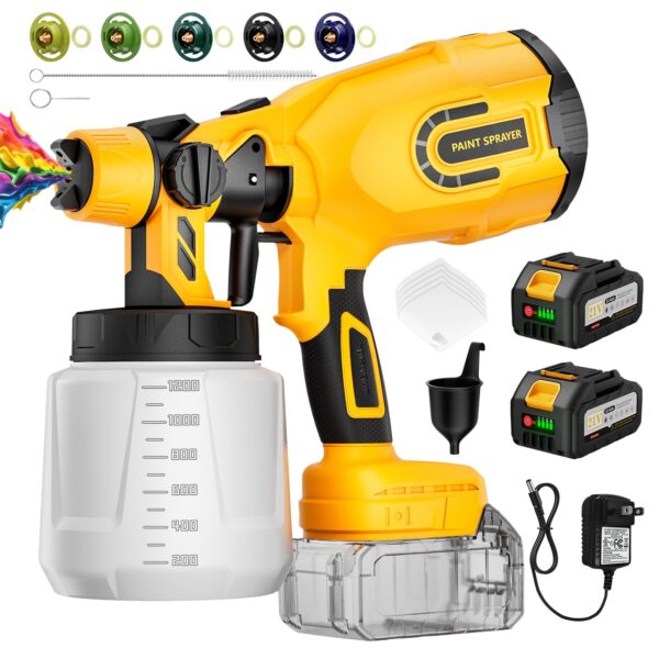 Cordless Paint Sprayer with 2 Batteries, 650W HVLP 21V Battery Powered Handheld Paint Gun Kit, 5 Nozzles & 3 Spray Patterns, Efficient Electronic Tools for Fence, Wall, Cabinets, House Painting