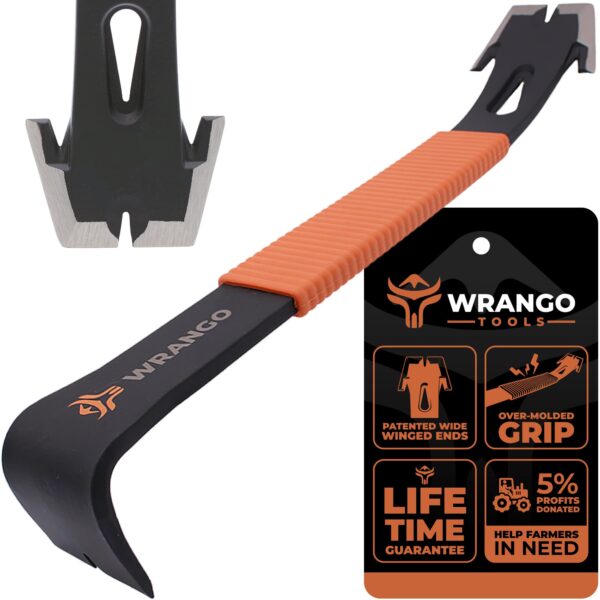 Wrango Tools 15" Flat Bar Pry Bar - Heavy Duty Crowbar with Nail Puller - High Carbon Steel with Soft Shock Absorbing Grip & Wide Winged Ends - Demolition Tools for Home Improvement & Construction