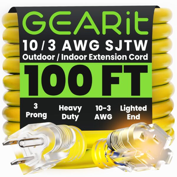 GEARit Outdoor 10 AWG Gauge 3 Prong Plug 100 Foot Extension Cord, Power Cord for Lawn, Garden, Appliances, 10/3, SJTW Heavy Duty for Indoor/Outdoor, All Purpose Weather Resistant, 100 Feet, Yellow